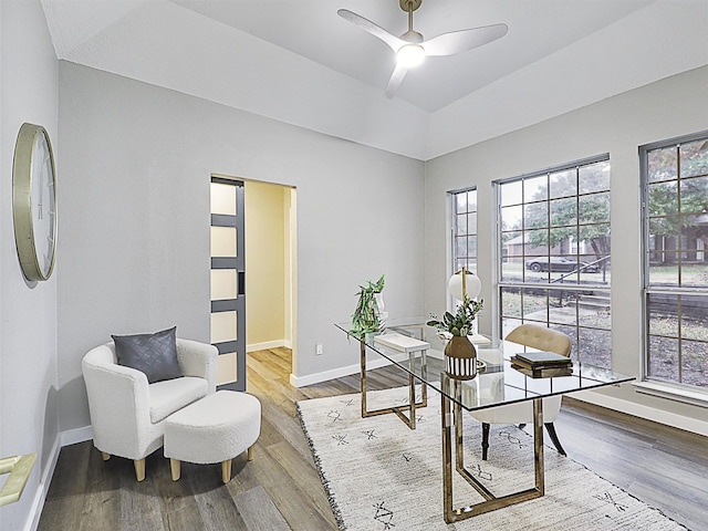 office with ceiling fan and hardwood / wood-style flooring