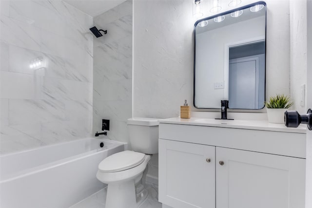 full bathroom featuring vanity, tiled shower / bath combo, and toilet