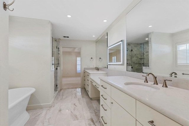 bathroom featuring vanity and plus walk in shower