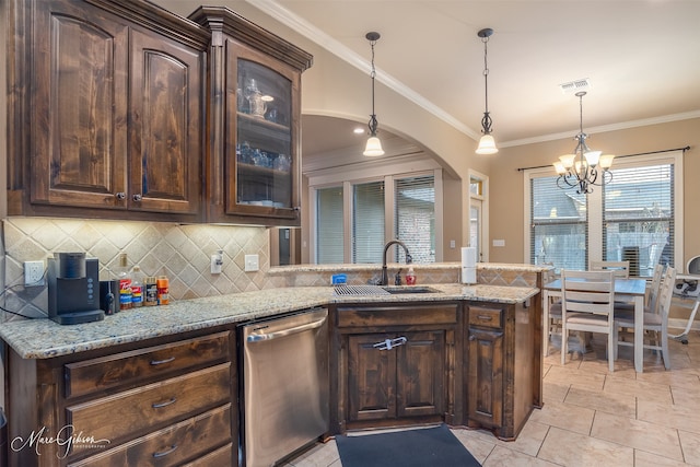 kitchen featuring kitchen peninsula, light stone counters, dark brown cabinets, dishwasher, and a chandelier