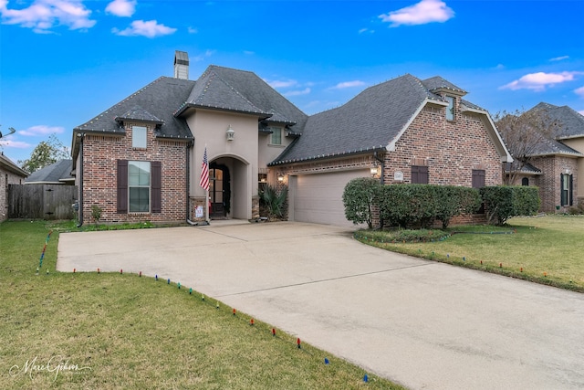 view of front of property featuring a front yard and a garage