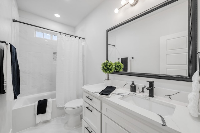 full bathroom featuring vanity, toilet, and shower / bathtub combination with curtain