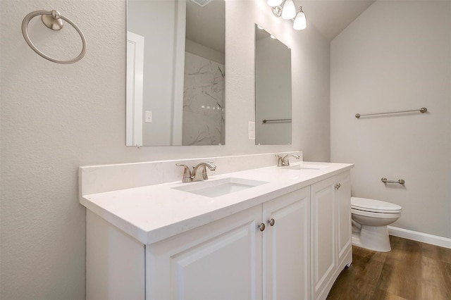 bathroom with hardwood / wood-style flooring, vanity, and toilet