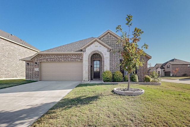 view of front of property featuring a garage and a front lawn