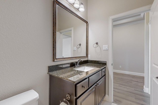 bathroom with vanity, hardwood / wood-style flooring, and toilet