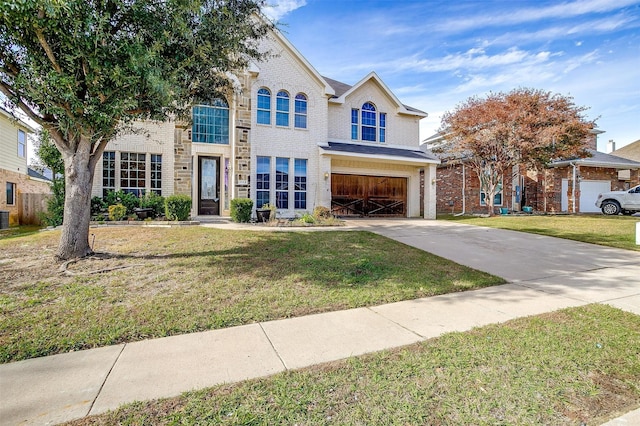 view of front of property with cooling unit, a front lawn, and a garage