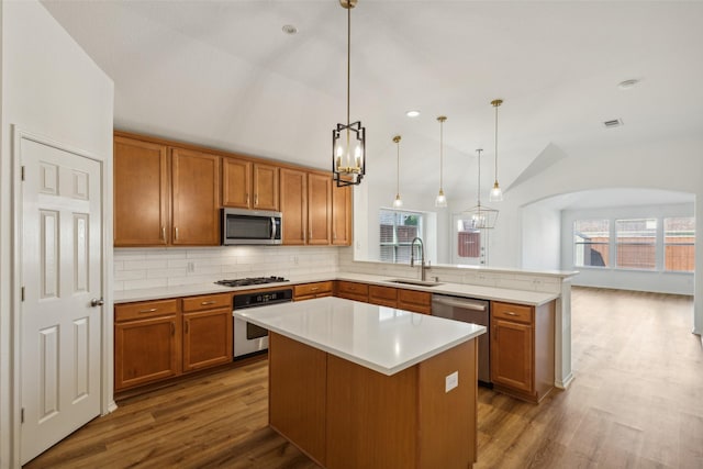 kitchen with dark hardwood / wood-style floors, a center island, sink, and stainless steel appliances