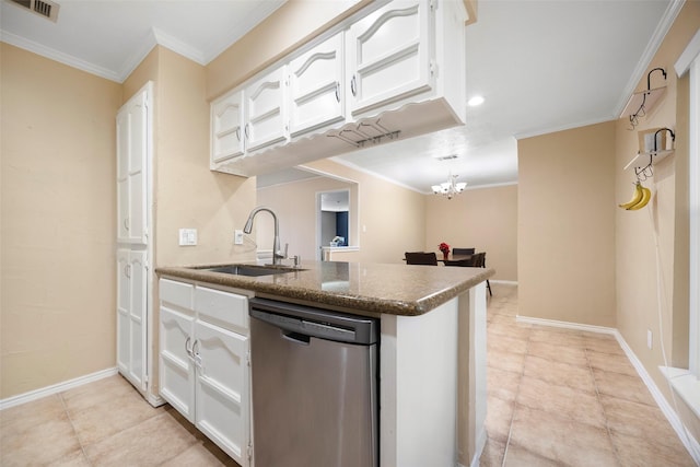 kitchen featuring dishwasher, white cabinets, crown molding, sink, and a notable chandelier