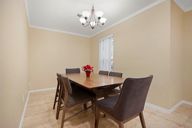 dining area with ornamental molding, light tile patterned floors, and an inviting chandelier