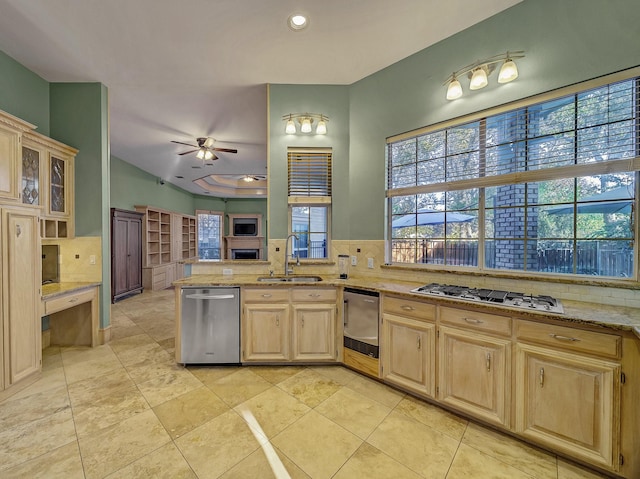 kitchen featuring ceiling fan, decorative backsplash, sink, and stainless steel appliances