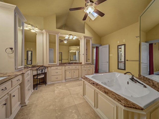 bathroom featuring a tub to relax in, vanity, ceiling fan, high vaulted ceiling, and tile patterned flooring