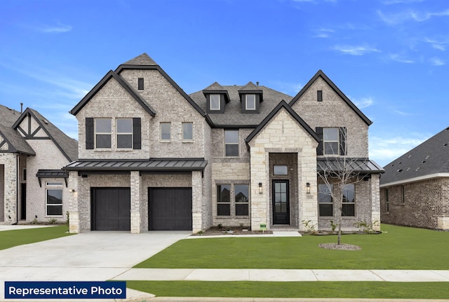 1230 Porter Dr, Frisco, TX 75036 - view of front facade with driveway, a garage, a standing seam roof, a front lawn, and a shingled roof