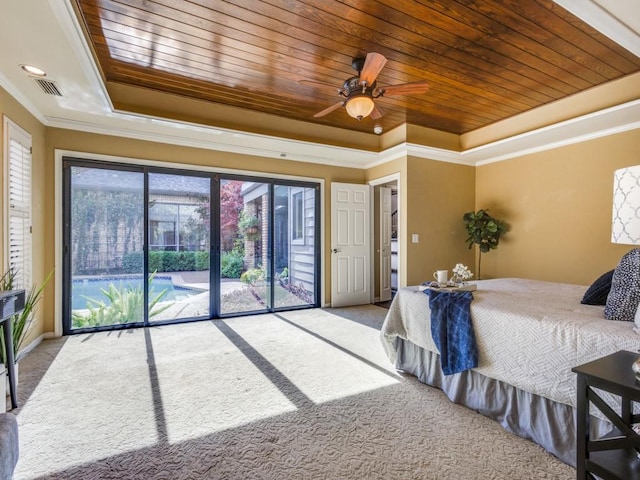 carpeted bedroom with ceiling fan, a raised ceiling, crown molding, access to outside, and wood ceiling