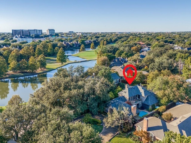 bird's eye view with a water view