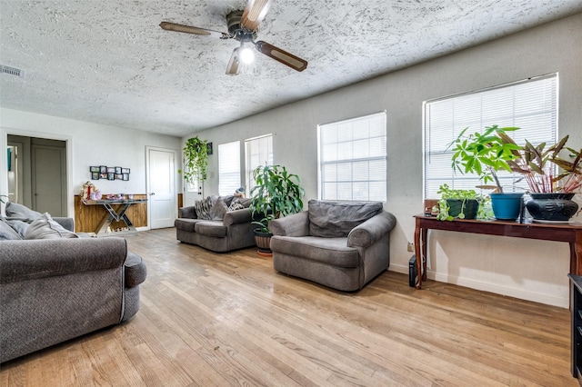 living room featuring ceiling fan, a textured ceiling, and light hardwood / wood-style flooring