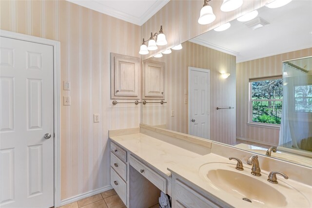 bathroom featuring separate shower and tub, tile patterned floors, and crown molding