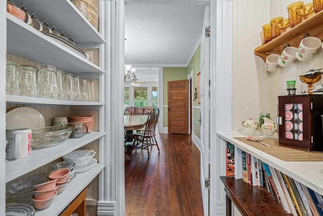 interior space featuring ceiling fan, dark hardwood / wood-style flooring, a textured ceiling, and ornamental molding