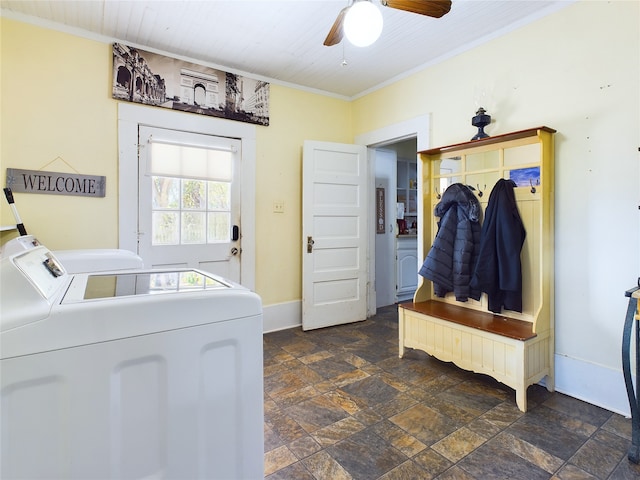 washroom with washing machine and dryer, ceiling fan, and ornamental molding