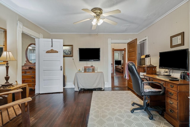 office with ceiling fan, dark hardwood / wood-style floors, and ornamental molding