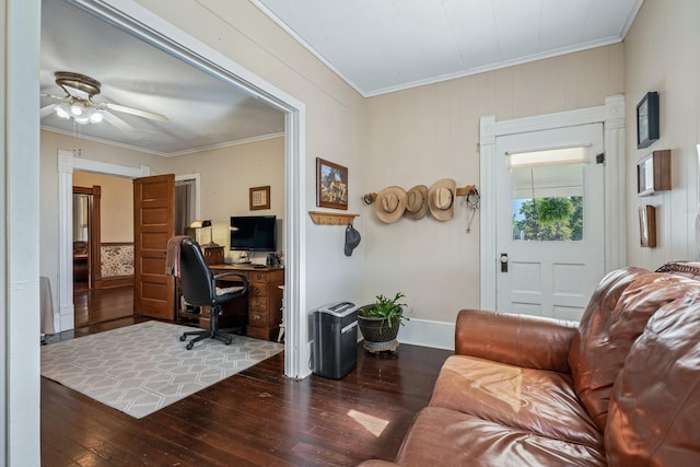 office with crown molding and dark hardwood / wood-style floors