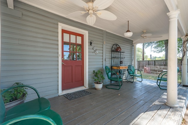 deck featuring ceiling fan and covered porch