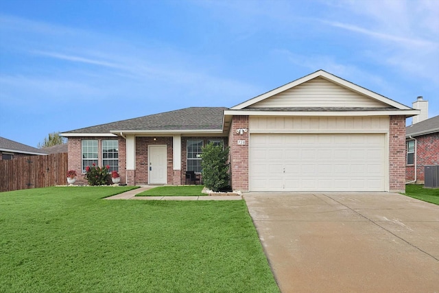 ranch-style home featuring a front lawn, central AC unit, and a garage