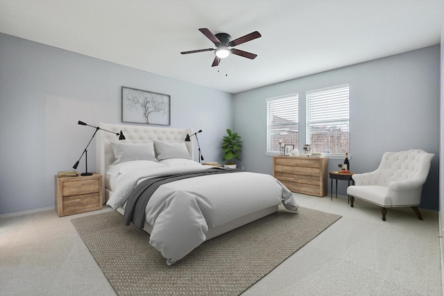 bedroom with ceiling fan and light colored carpet