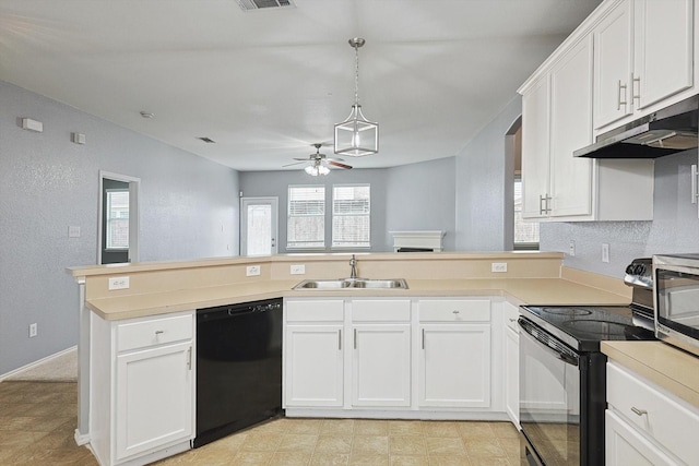 kitchen with dishwasher, sink, stainless steel electric range oven, decorative light fixtures, and white cabinetry