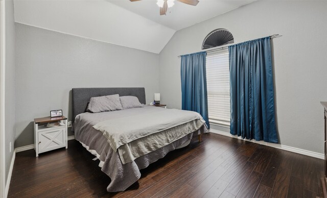 bedroom with hardwood / wood-style floors, ceiling fan, and lofted ceiling