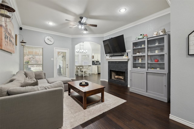 living room featuring crown molding, a fireplace, and dark hardwood / wood-style floors