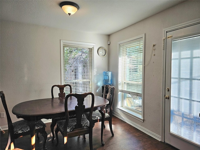 dining room with dark wood-type flooring and plenty of natural light