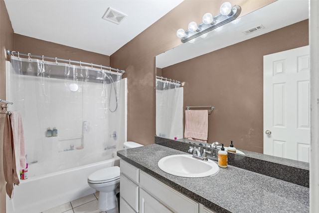 full bathroom featuring vanity, shower / bathtub combination with curtain, tile patterned floors, and toilet