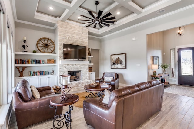 living room with beam ceiling, light wood-type flooring, crown molding, and coffered ceiling