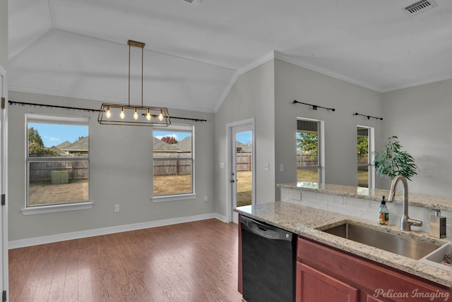 unfurnished dining area with crown molding, lofted ceiling, dark wood-type flooring, and a wealth of natural light