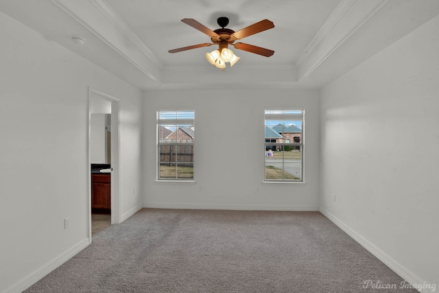 spare room with crown molding, a healthy amount of sunlight, light carpet, and a tray ceiling