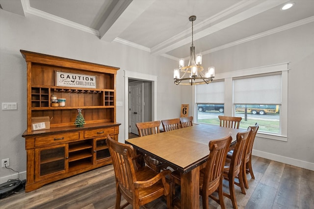 dining area featuring crown molding, beam ceiling, dark wood-type flooring, and a chandelier