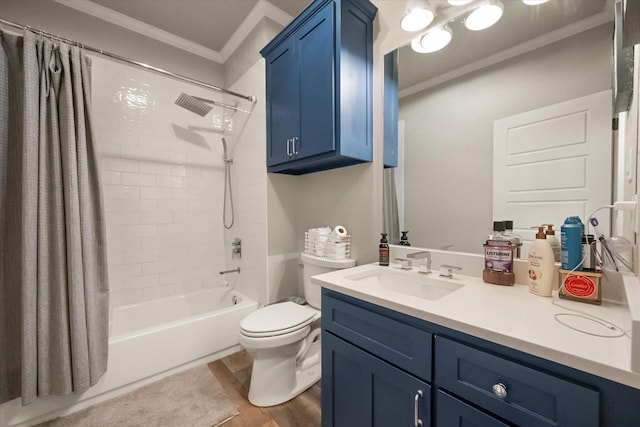 full bathroom with hardwood / wood-style flooring, ornamental molding, vanity, toilet, and shower / bathtub combination with curtain