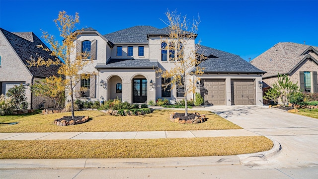 french country home with a garage and a front yard