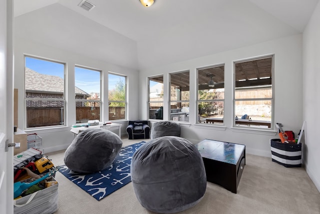 living area featuring vaulted ceiling