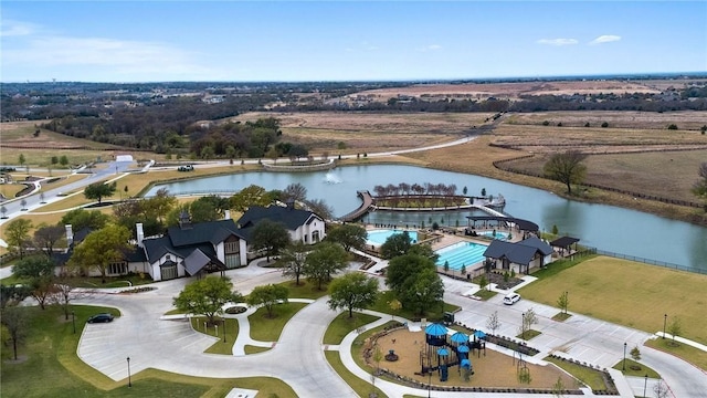 drone / aerial view featuring a water view