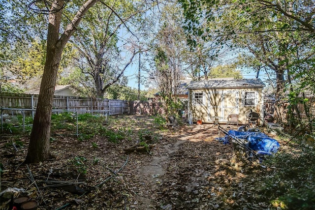 view of yard featuring a storage shed