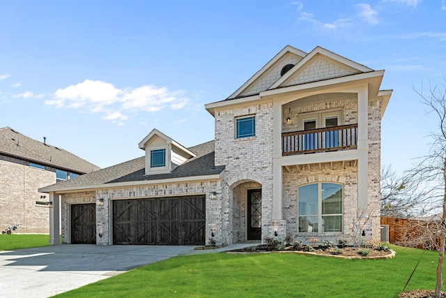 view of front of property with a front yard, driveway, a balcony, and an attached garage