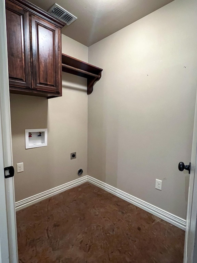 laundry room featuring hookup for an electric dryer, cabinets, hookup for a washing machine, and dark colored carpet