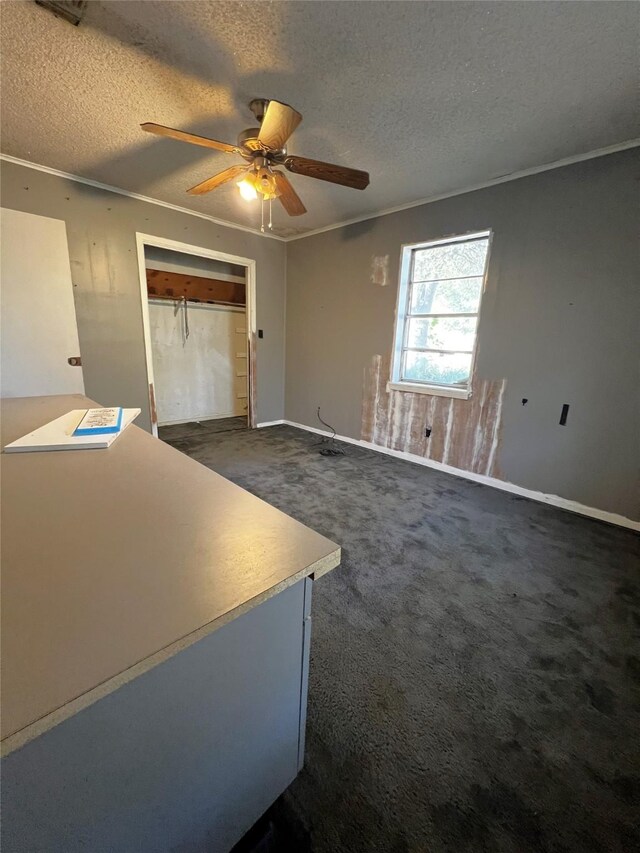 kitchen with ceiling fan, dark carpet, crown molding, and a textured ceiling