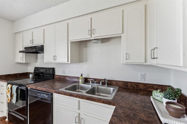 kitchen with sink, white cabinets, black appliances, and a textured ceiling