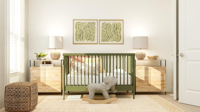 bedroom featuring carpet and a crib