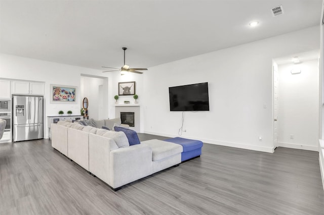 living room with ceiling fan and wood-type flooring