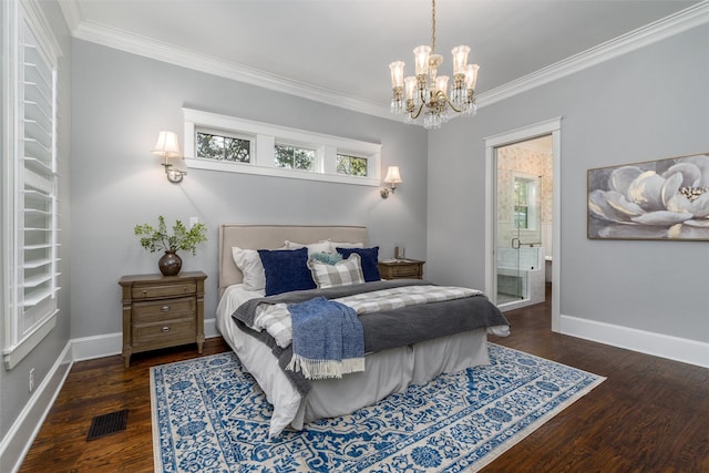 bedroom with a chandelier, ornamental molding, and dark wood-type flooring