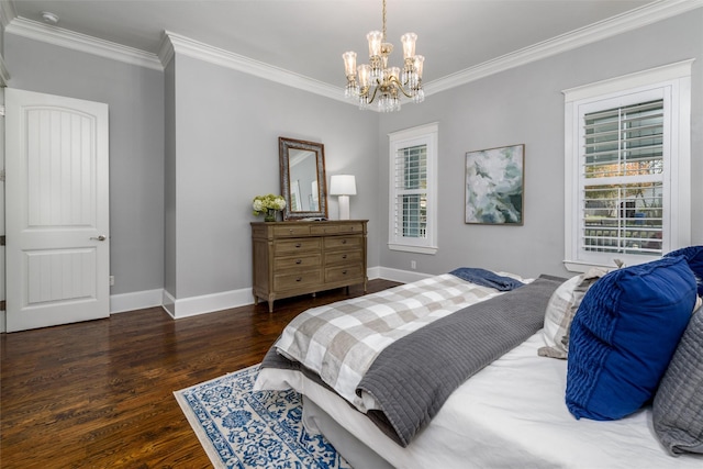 bedroom featuring ornamental molding, an inviting chandelier, and dark wood-type flooring