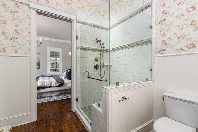 814 Barnes St, Mckinney, TX 75069 - full bath featuring connected bathroom, wood finished floors, wainscoting, crown molding, and a stall shower